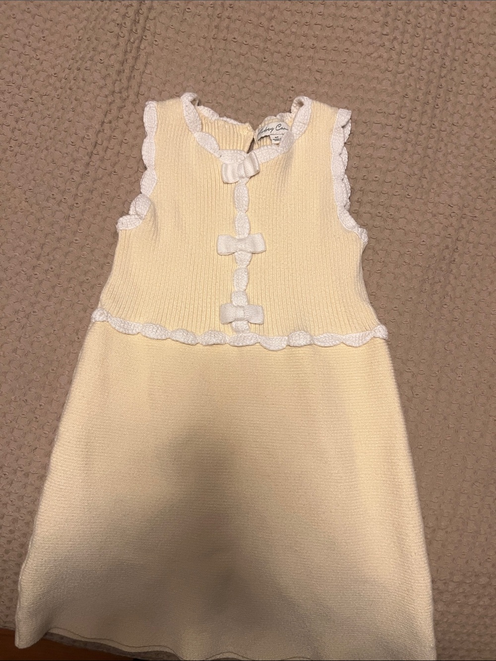 Cream Knit Girls' Sleeveless Formal Dress with White Trim